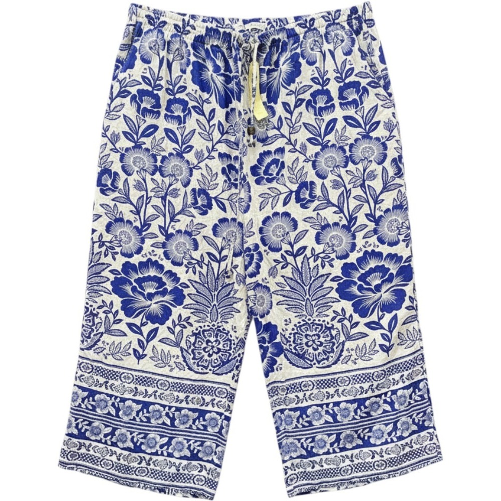 Rachel Zoe Blue White Floral Linen Blend Wide Leg Crop Pants 2X NWT